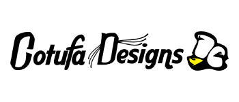 Logo de Cotufa Designs en tipografía negra con un pequeño detalle amarillo y una ilustración de palomita, creando una estética de marca minimalista.