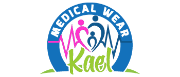 Logotipo circular azul con símbolo de figuras humanas en magenta y verde, texto Kael y detalles de Medical Wear, diseñado para branding de ropa médica.