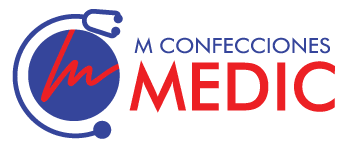 Logo de M CONFECCIONES MEDIC: emblema circular azul con detalle rojo y la inscripción MEDIC, representando la marca textil en la identidad visual de Renatta Publicidad