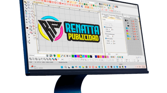 Logotipo bordado de Renatta Publicidad en colores vivos, con texto Renatta Publicidad y elementos gráficos en una superficie de tela; diseño digital para bordado de alta calidad.