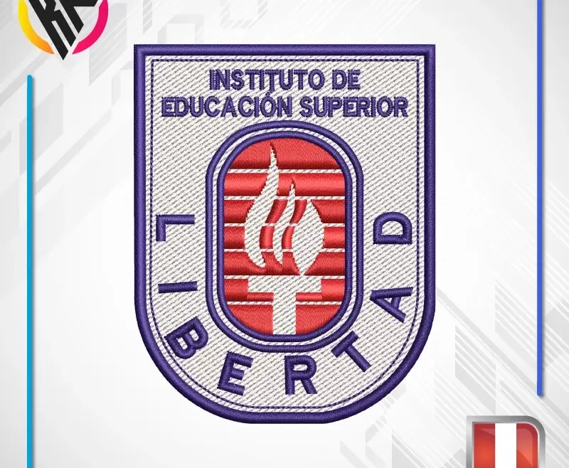 Escudo del Instituto de Educación Superior Libertad con llama y texto en rojo y azul.