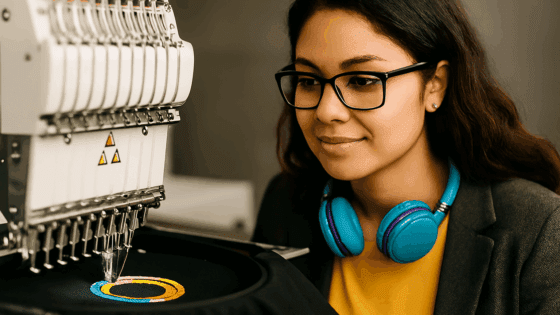 Mujer con gafas y auriculares azules observando una máquina de bordado en funcionamiento.
