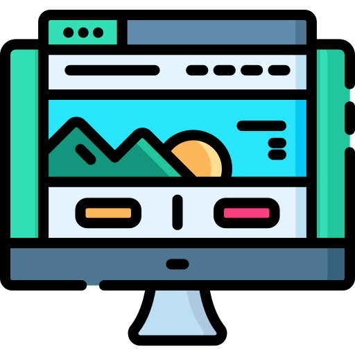 Computadora de escritorio mostrando un diseño de página web con gráficos y elementos visuales.