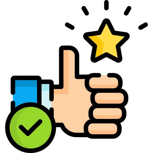 Icono que representa un pulgar hacia arriba, una estrella y un símbolo de verificación en un diseño gráfico colorido.