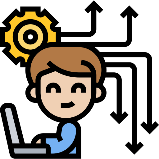 Ilustración de una persona trabajando en una computadora portátil con un engranaje en el fondo, representando el trabajo y la tecnología.