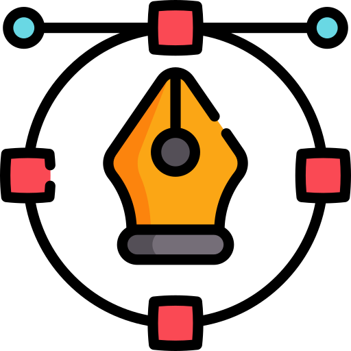 Pluma estilográfica de color naranja con detalles en negro y gris, rodeada de elementos gráficos en un diseño limpio.