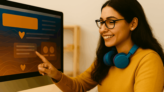 Mujer con auriculares azules interactuando con una computadora, señalando la pantalla con una sonrisa.