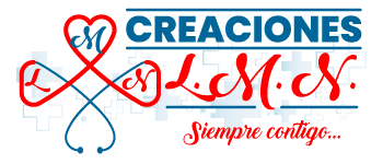 Logotipo de Creaciones L.M.N. con un diseño colorido y elementos gráficos en rojo y azul.