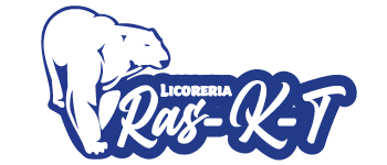 Logo de Licorería Ras-K-T con un oso polar en color blanco y texto en azul.