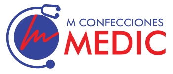 Logotipo de M Confecciones Medic con un diseño que incluye un estetoscopio y texto en azul y rojo.