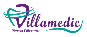 Logotipo de Villamedic con un diseño que incluye un diente estilizado y el texto en color púrpura y verde.